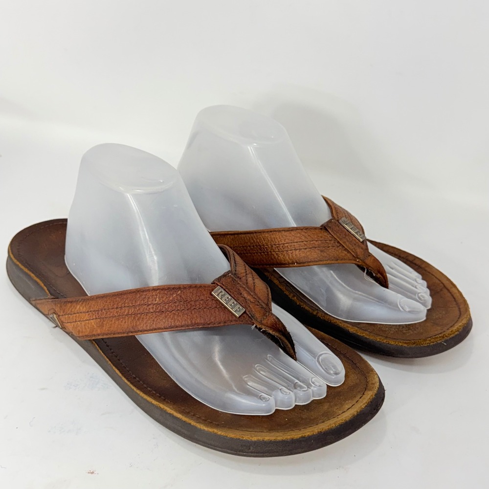 Reef Mens Brown Leather Flip Flop Sandals Thong Metal Logo Hardware Size 11.5in